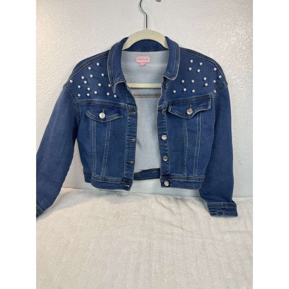 Lucky Penny Girls Blue Denim Pearl Studded Cropped Jean Jacket Size 10